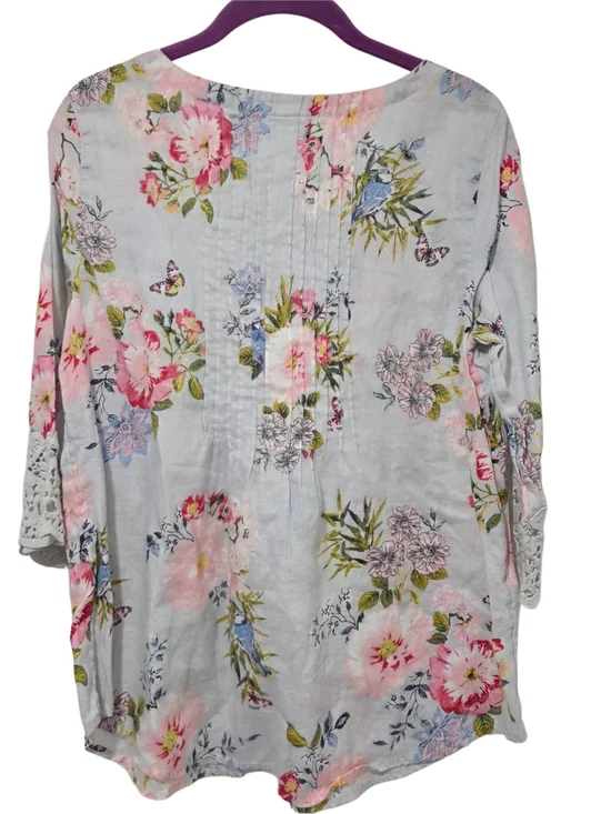 J. Jill Floral Scoop-Neck Crochet Sleeve Line Blouse - White with Pink & Blue - Picture 6 of 7